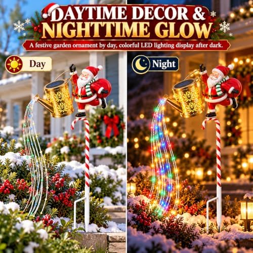 Christmas Solar Garden Stake Light Santa Watering Can LED Yard Decor,2 - Image 3
