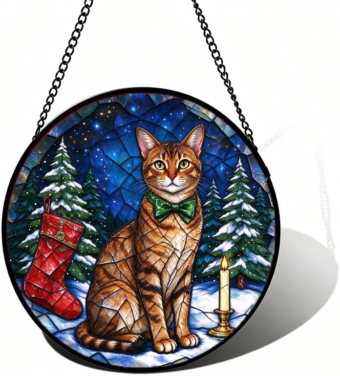 Stained Glass Window Hanging Abyssinian Cat Suncatcher Gifts for Mom 11.8" by Unknown