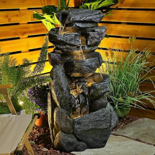 Bumilgar Water Features Outdoor Patio 6-Tier Cascading Rock Water Fountain 31.5''Water Fall Fountain Outside Resin Fountain with Light Mossy Rock Floor Garden Fountain Indoor for Relaxation Home Decor - Image 2