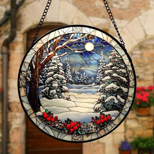 Winter Snow Night Scenery Stained Glass Window Hanging Suncatcher Gift 9.8" - Image 4