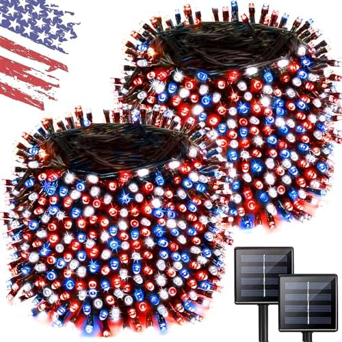 Solar String Lights Outdoor 2 Pack 480 LED Christmas Lights Red White Blue by Albelt