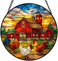 9.84 Inch Stained Glass Window Hanging Suncatcher Farm Rooster and Chicken Barn Scene Colorful Glass Panel Sun Catcher for Window Window Hanging Decor for Home Housewarming Gift by Unknown