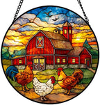 9.84 Inch Stained Glass Window Hanging Suncatcher Farm Rooster and Chicken Barn Scene Colorful Glass Panel Sun Catcher for Window Window Hanging Decor for Home Housewarming Gift by Unknown