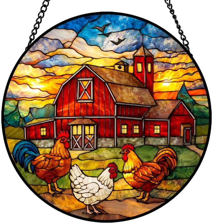 9.84 Inch Stained Glass Window Hanging Suncatcher Farm Rooster and Chicken Barn Scene Colorful Glass Panel Sun Catcher for Window Window Hanging Decor for Home Housewarming Gift by Unknown