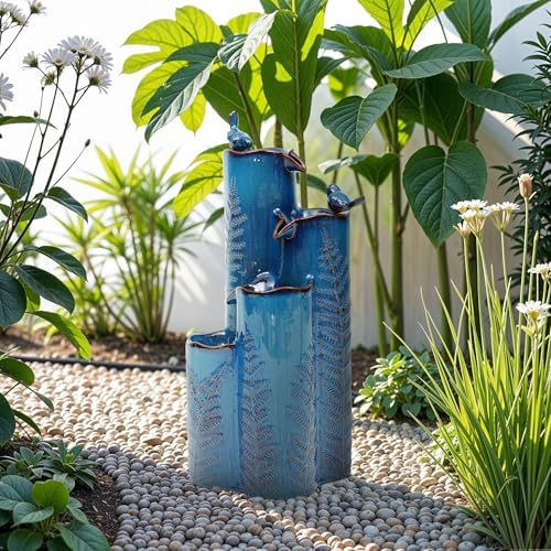 32" Outdoor Water Fountain, Ceramic Outdoor Fountain, Stacked 4-Tier Vase Waterfalls for Garden, Patio, Yard, or Porch Decor, Creating Relaxing Serene Oasis, Embossed Leaf Pattern, Turquoise by Ultym