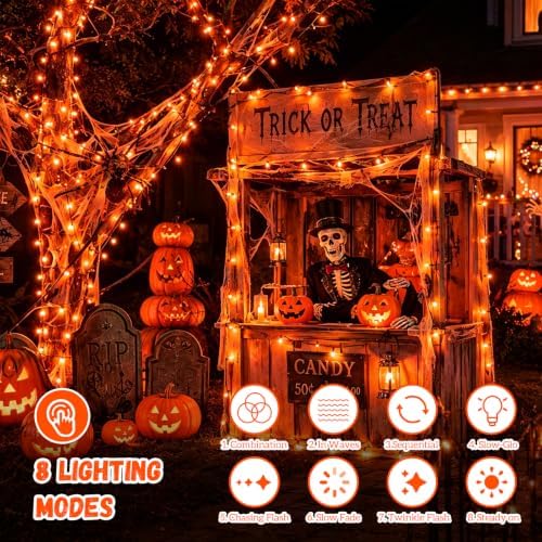 QITONG Solar Halloween String Lights, 2 Pack Each 66ft 200 LED Orange led Lights Outdoor Waterproof, Green Wire Twinkle Light with 8 Modes for Outside - Image 4