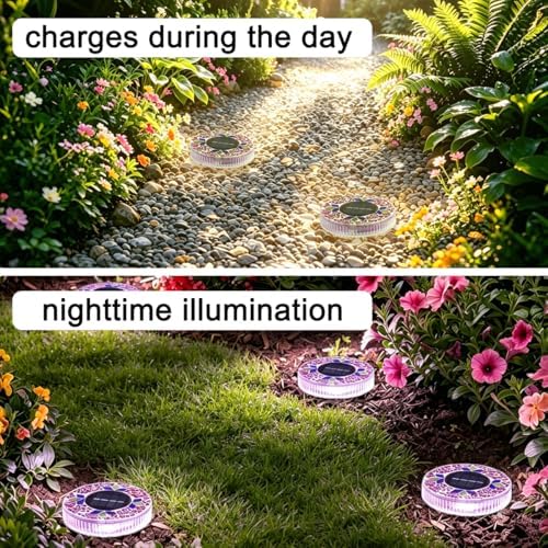 Solar Mosaic Disk Lights Outdoor, Waterproof Mosaic Glass Decorative Solar Garden Lights Auto On/Off, Decorative LED Pathway Lamp for Garden Walkway Patio Yard (Yellow) - Image 3