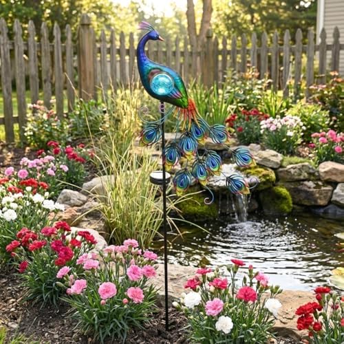 TERESA'S COLLECTIONS Yard Decorations Outdoor for Garden Decor, Peacock Solar Outdoor Lights, 32'' Metal Lawn Ornaments for Outside with Crackle Glass Ball, Decorative Stake Gifts for Mom - Image 7