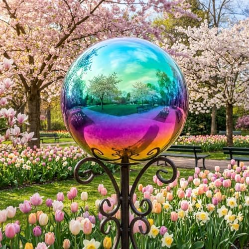 25cm/10 inch Garden Sphere Mirror Gazing Ball,Rainbow Stainless Steel Polished Reflective Smooth Hollow Globe Ball,Durable Colorful and Shiny Decorations Addition to Garden Patio Yard Home - Image 2