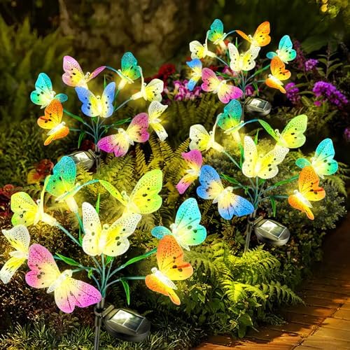 Anordsem Solar Garden Lights Outdoor: 32 Removable Fiber Optic Fabric Butterflies 4 Pack - Waterproof Fun Animal Decoration for Yard Patio - Gardening Gifts for Garden Lovers by Anordsem