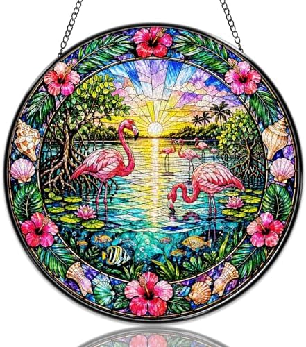 Stained Glass Window Hanging Flamingo Tropical Sunset Sun Catchers Ocean Beach Floral Hibiscus Suncatchers Decorative for Home Garden Outdoor & Indoor Colorful Gift 9.8 Inch by Unknown