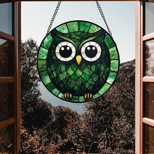 Owl Green Feathers Stained Glass Window Hanging Suncatcher Gifts 12" - Image 5