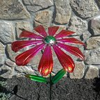 Red Flower Metal Wind Weather Spinners Kinetic Garden Sculpture 3D Yard Art Windmill Stake Patio Decor - Image 4