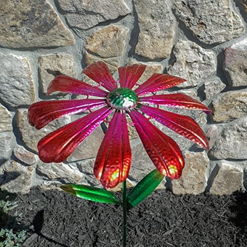 Red Flower Metal Wind Weather Spinners Kinetic Garden Sculpture 3D Yard Art Windmill Stake Patio Decor - Image 4