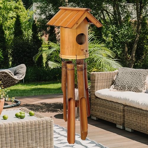 Bellaa 20384 Bamboo Wind Chime Bird House Nest Japanese Style Fine Minimalist Wooden Windchimes Handmade Gift 38 Inches - Image 6