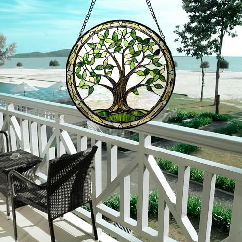 Green Tree of Life Stained Glass Window Hanging Decor Gifts for Women 15" - Image 5