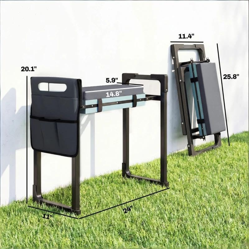 Heavy Duty Foldable Garden Stool with Kneeler and Tool Pouch, Dark Gray - Image 2