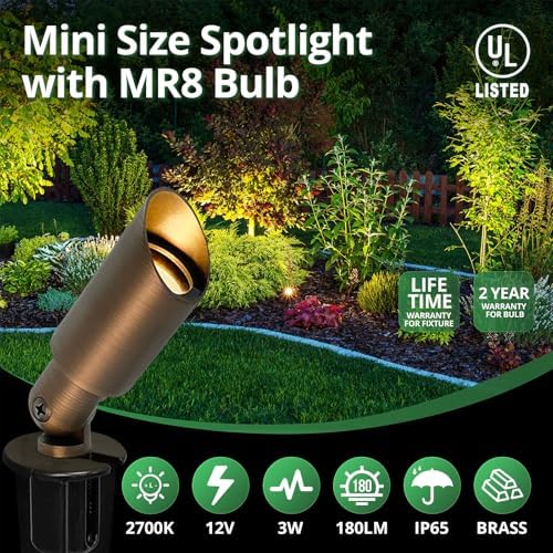GKOLED Mini Size Brass Landscape Spotlight, Low Voltage 12V AC/DC Outdoor Directional Up Light, 180 LM, 3W MR8 LED Bulb ABS Ground Stake, 2700K Warm White, Garden Patio Trees Spot Uplight - Image 2