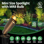 GKOLED Mini Size Brass Landscape Spotlight, Low Voltage 12V AC/DC Outdoor Directional Up Light, 180 LM, 3W MR8 LED Bulb ABS Ground Stake, 2700K Warm White, Garden Patio Trees Spot Uplight - Image 2
