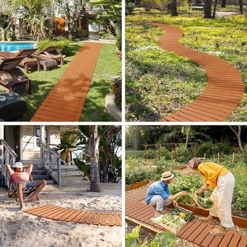 Amazer Wooden Garden Pathway, 12 FT Roll Out Straight Garden Walkway, Widened Plank Non-Slip Outdoor Walkway Path with 8 Stakes, Garden Lawn Boardwalk Paver for Outside Walkway Backyard, Natural Color - Image 2