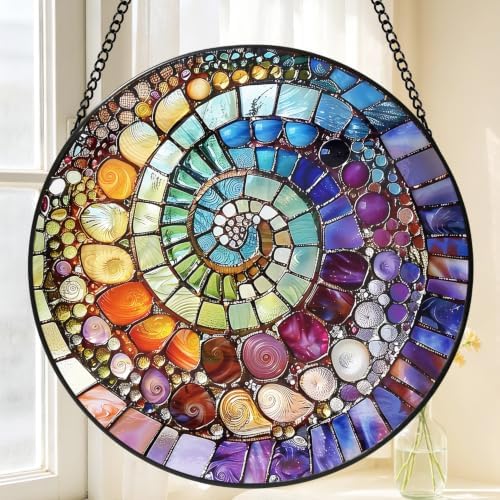 Rainbow Shell Spiral Suncatcher,Coastal Beach Stained Glass Window Hanging,8 Inch Indoor Outdoor Garden Sun Catchers,Sea Art Suncatchers for Windows Hanging,Christmas Birthday Gifts for Mom Grandma by Tufeu
