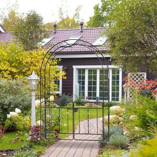 Garden Arbor with Gate, 7FT Wedding Arches for Ceremony, Metal Garden Arch for Climbing Plants Outdoor, Black Garden Archway for Lawn, Patio and Backyard, Includes Ground Stakes - Image 2