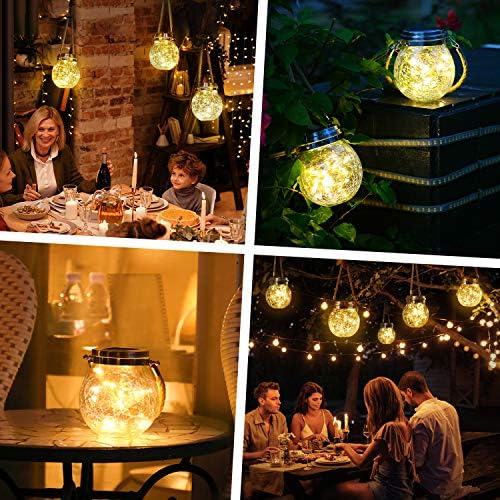 2 Packs Hanging Outdoor Solar Lanterns Decorative Lights 30 LED Waterproof Cracked Glass Jar Garden Lights for Court Yard Patio Pathway - Image 4