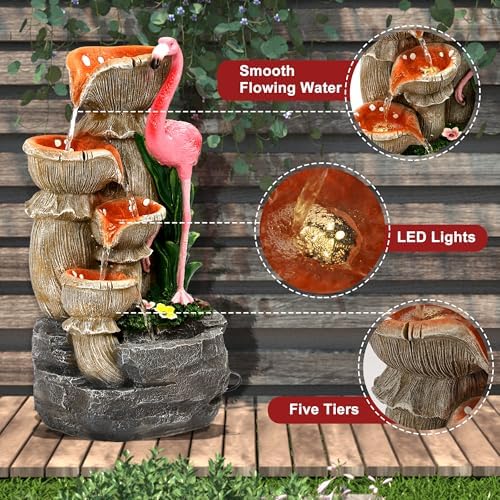 Outdoor Water Fountain - 5 Tier Floor-Standing Cascading Garden Fountain, 25" H Indoor/Outdoor Flamingos Water Fountains with 5 LED Lights for Garden, Patio, Backyard and Home - Image 3