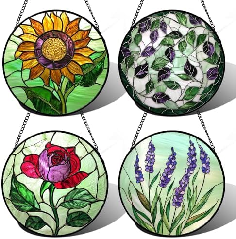 Stained Glass Window Hanging 4 Pcs Set Red Roses Yellow Sunflowers 7.8" - Flower Suncatcher Door Garden Sun Catcher Decor Birthday Mother's Day for Mom Woman Nana Girl by amderven