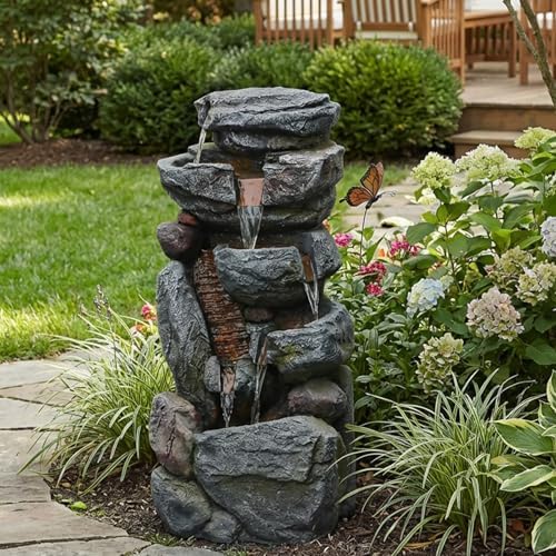 Bumilgar Water Features Outdoor Patio 6-Tier Cascading Rock Water Fountain 31.5''Water Fall Fountain Outside Resin Fountain with Light Mossy Rock Floor Garden Fountain Indoor for Relaxation Home Decor - Image 6
