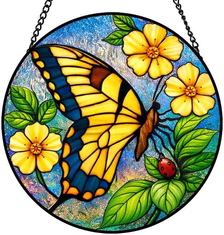9.84 Inch Stained Glass Window Hanging Suncatcher Butterfly and Yellow Flower Colorful Glass Panel Sun Catcher for Window Bright Nature Window Hanging Decor for Home Housewarming Gift by Unknown