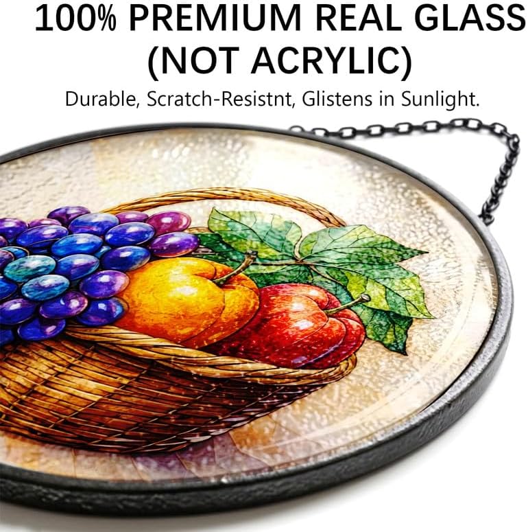 Stained Glass Window Hanging - 11.8" Fruit Basket with Grapes and Apples Suncatcher Glass Panel, Home Decorative Hanging Ornament for Kitchen or Garden, Ideal Gift for Mother, Wife or Women - Image 2