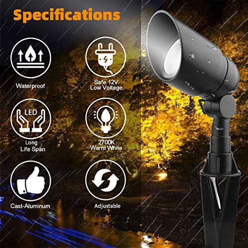 Landscape Lighting 12V 5W LED Landscape Spotlight Cast-Aluminum Waterproof Outdoor Low Voltage 450 Lumen Warm White for Garden, Lawn, Porch, Patio and Yard (2 Pack, Black) - Image 6