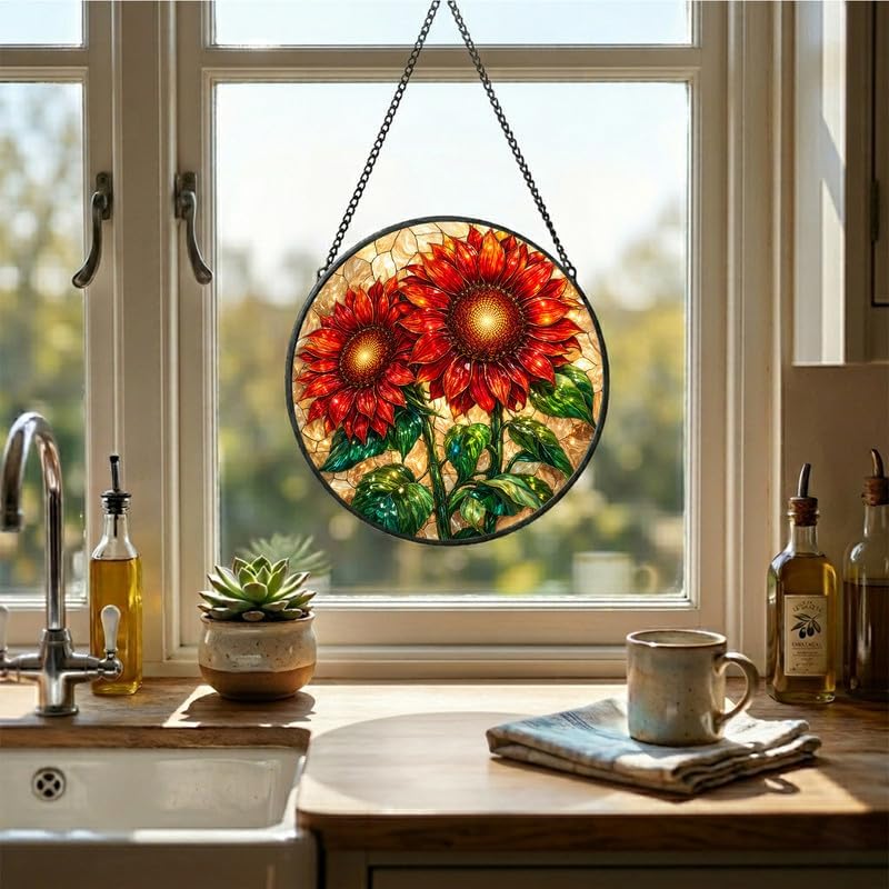 Stained Glass Window Hanging-11.8" Sunflower Suncatcher Glass Panel,Vibrant Red and Gold Floral Window Art,Home Decorative Hanging Ornament for Kitchen or Garden,Ideal Gift for Mother,Wife or Women - Image 4
