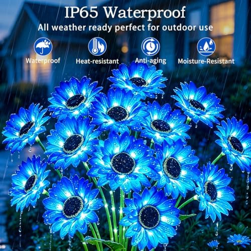 MRHEPHAESTUS Solar Garden Lights Outdoor, 4 Pack Solar Blue Sunflower Lights with 24 Head 3.5 Inch Flowers, Waterproof Flowers Light Fall Decor Auto ON/Off for Garden Yard Patio, Gifts for Mom Women - Image 4