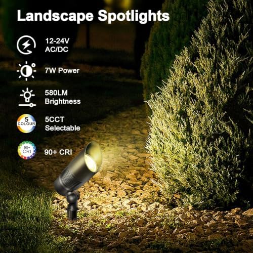 4-Pack Low Voltage Spot Lights, 2700K-5000K Adjustable, 7W, 580LM, IP65 Waterproof, CRI 90+, 12-24V AC/DC, Outdoor Landscape Light for Garden, Yard, Path, Bronze, ETL Listed - Image 2