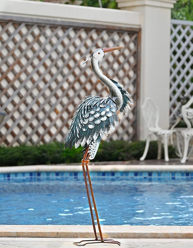 TERESA'S COLLECTIONS Garden Decor Blue Heron Sculptures & Statues,24.5" Coastal Metal Heron Decoy for Outdoor Outside Vivid Bird Metal Yard Art Cranes Patio Pond Pool Lawn Decorations,Gift for Mom - Image 3