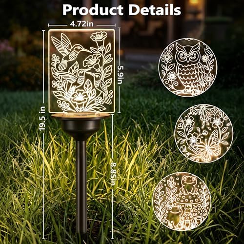 ODEETRONIC Solar Garden Lights, 4 Pack Solar Pathway Lights with Butterfly Frog Hummingbird Owl Pattern, Outdoor Landscape Lighting, Waterproof Acrylic Garden Stake Light for Yard Walkway, Warm White - Image 6