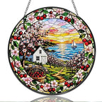 9.84 Inch Stained Glass Window Hanging Cherry Blossom Coastal Sunset Landscape Sun Catchers Vintage Cottage Garden Suncatchers for Home Porch Garden Indoor & Outdoor Decor by Unknown