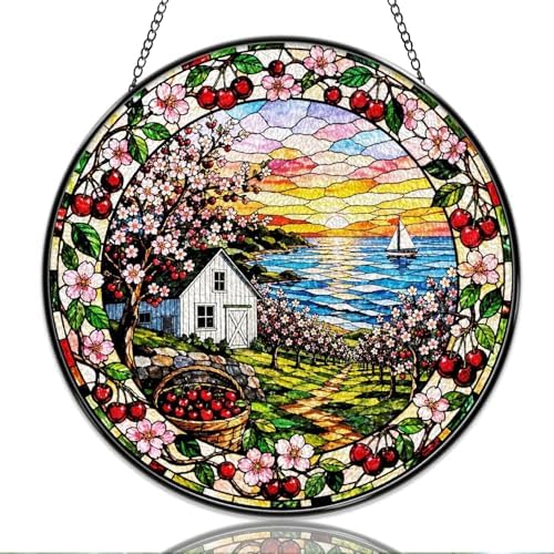 9.84 Inch Stained Glass Window Hanging Cherry Blossom Coastal Sunset Landscape Sun Catchers Vintage Cottage Garden Suncatchers for Home Porch Garden Indoor & Outdoor Decor by Unknown