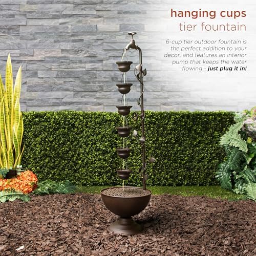 Alpine Corporation MAZ254 Outdoor Floor Tiered Vintage Water Fountain w/ 6 Hanging Cups, Soothing Tier Waterfall, 38", Bronze - Image 4