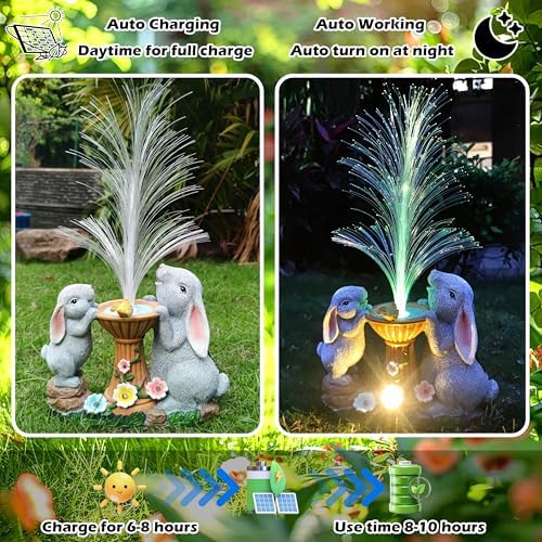 Solar Rabbit Garden Statues Outdoor Decor with LED Lights, Resin Rabbits Figurine Lights Decorations Colour Changing Fiber Optical Light, Outside Lawn Decor for Yard, Unique Housewarming Gift - Image 4
