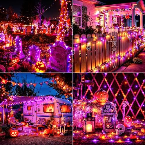 Jedavai 6Pack 240FT 600 LED Solar Halloween String Lights, Orange & Purple Solar Lights Outdoor with 8 Lighting Modes Waterproof Solar Fairy Lights for Garden Yard Patio Party Tree Decoration - Image 2
