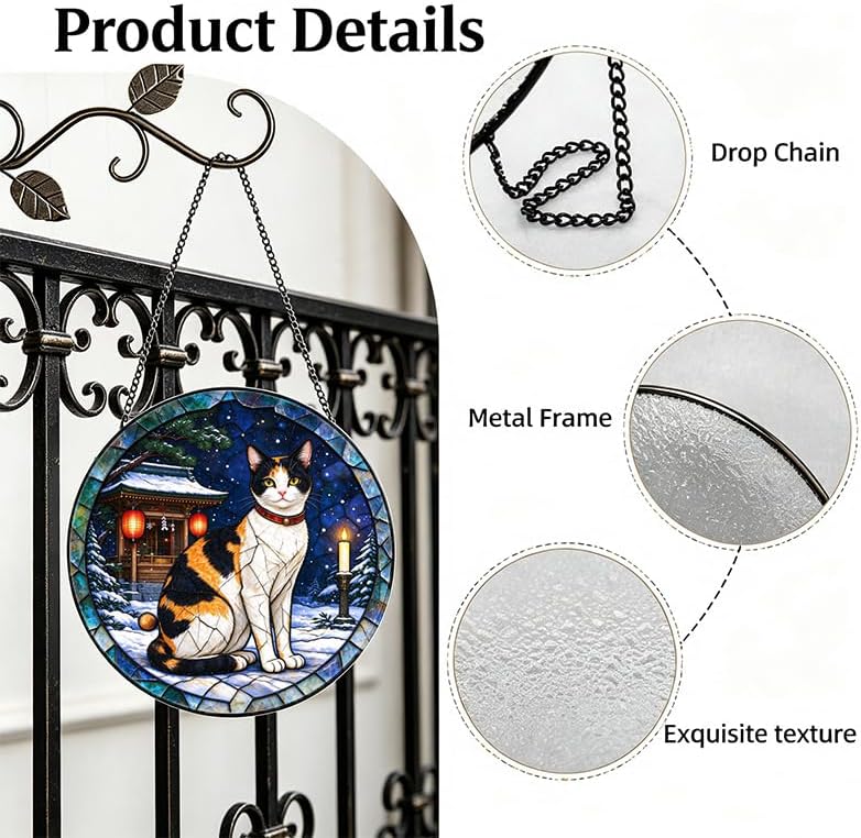 Stained Glass Window Hanging Japanese Bobtail Cat Suncatcher Gifts 9.8" - Image 3