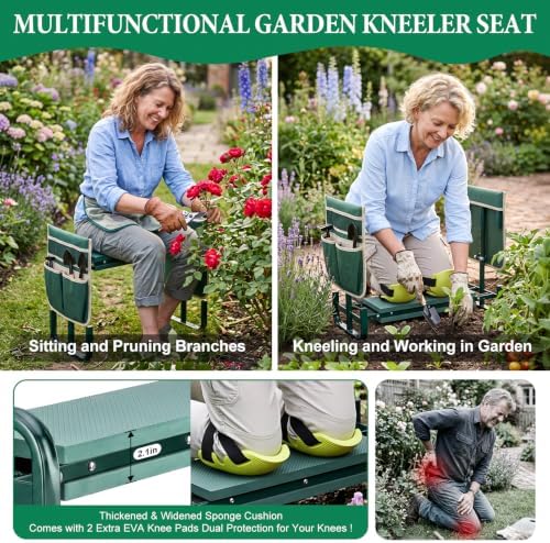 Adjustable Garden Kneeler and Seat with 5-Level Height, 660LBS Heavy Duty Folding Garden Bench Kneeler with Soft EVA Kneeling Pad & 2 Large Tool Pouches, Gardening Gifts for Seniors, Women, Elderly - Image 6