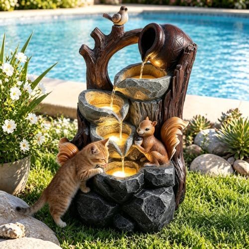 3-Tier Outdoor Water Fountain, Resin Squirrel Bird Decor with LED - Image 6