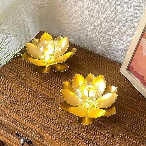 JHY DESIGN Set of 2 Gold Lotus Table Lamp Battery Powered 6''Tall Cordless Lamp Light Battery Operated Great for Living Room Bedroom Weddings Parties Patio Events Indoors Outdoors - Image 3