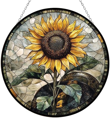 9.84 Inch Boho Memorial Day Sunflower in Helmet Stained Glass Suncatcher Stained Glass Window Hangings Birthday Gift for Mom Grandma Teacher Women Friend Memorial Hook by Unknown