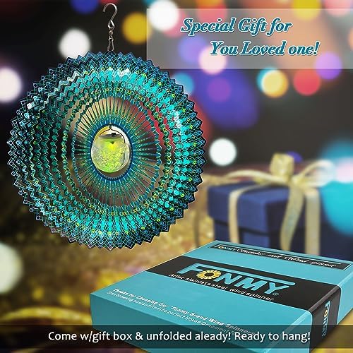 FONMY Solar Wind Spinner Mandala Starry Sky 3D Stainless Steel Hanging Wind Spinners Gift Christmas Decoration Indoor/Outdoor Garden Décor Kinetic Yard Art 12 Inches Multi Peacock Blue Wind Sculpture - Image 2