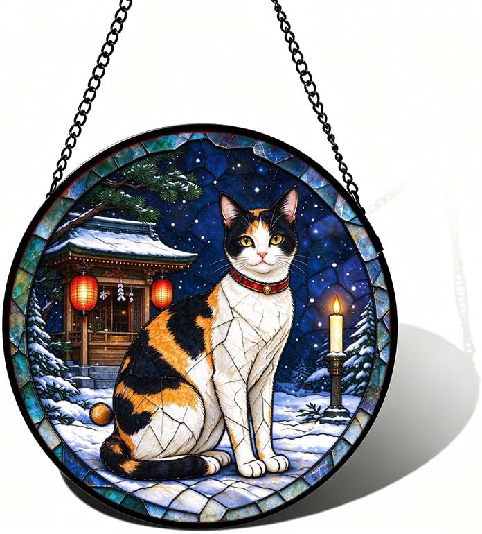 Stained Glass Window Hanging Japanese Bobtail Cat Suncatcher Gifts 9.8" by Unknown